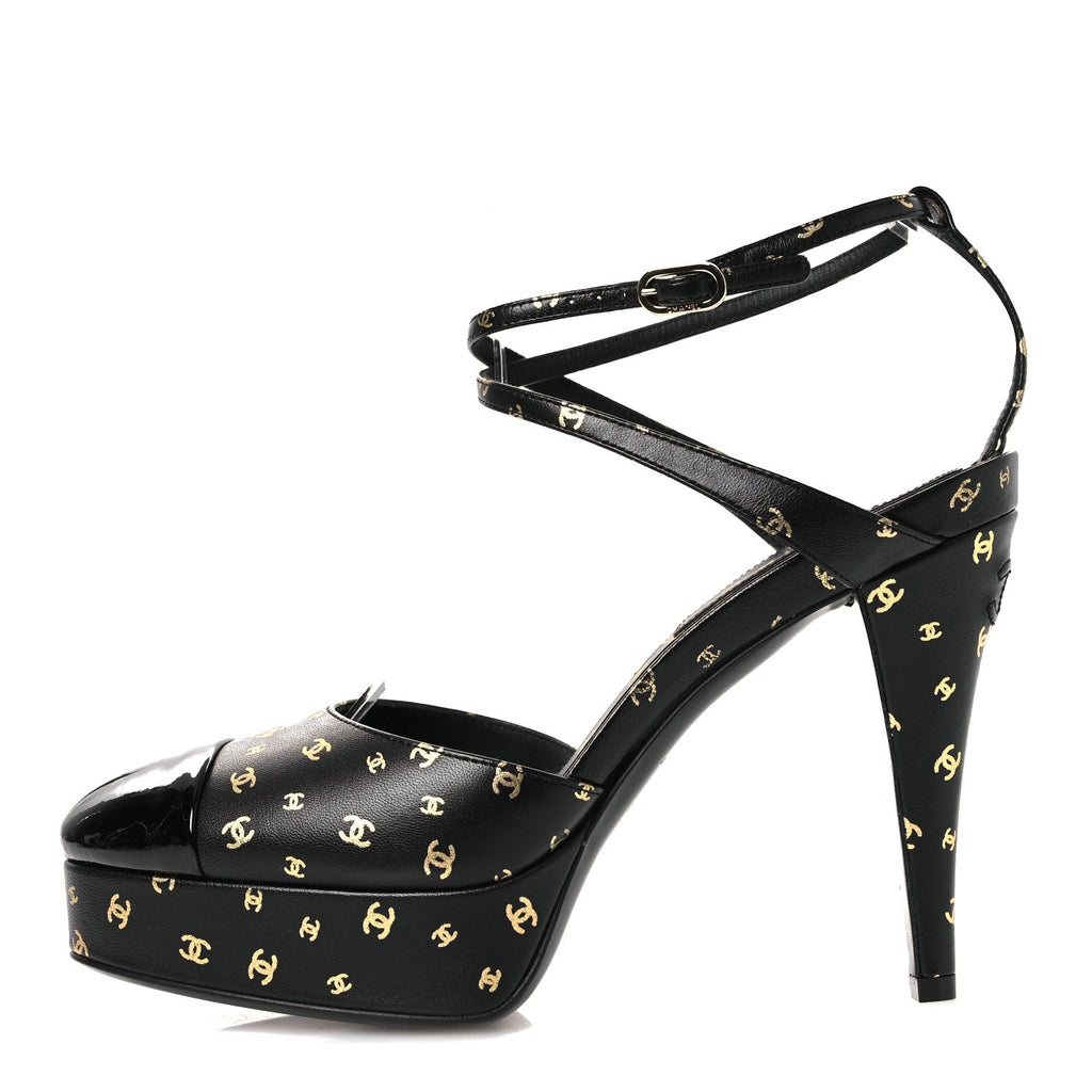 Printed Lambskin CC Platform Pumps 37.5 Black Gold