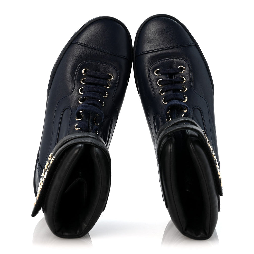 Lambskin Logo High Top Sneakers 36 Navy Black
