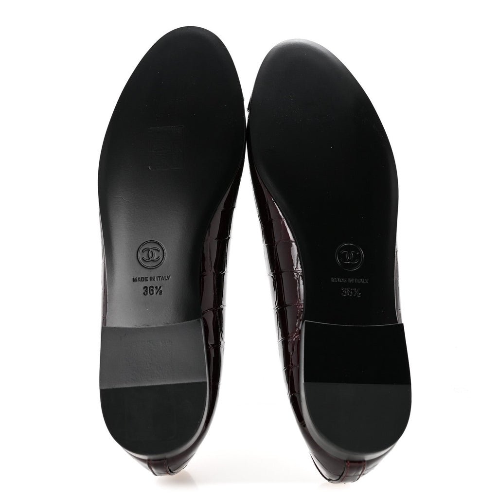 Crocodile Embossed Patent Cap Toe Ballerina Flats 36.5 Dark Burgundy Black