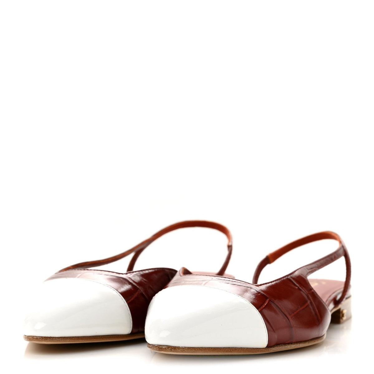 Patent Calfskin Crocodile Embossed Cap Toe CC Slingback Flats 37.5 Dark Red White