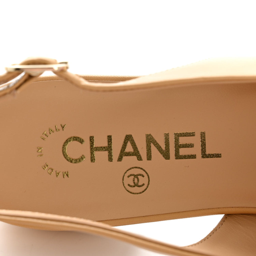 Goatskin Grosgrain Pointed Toe CC Slingback Flats 37.5 Beige Black