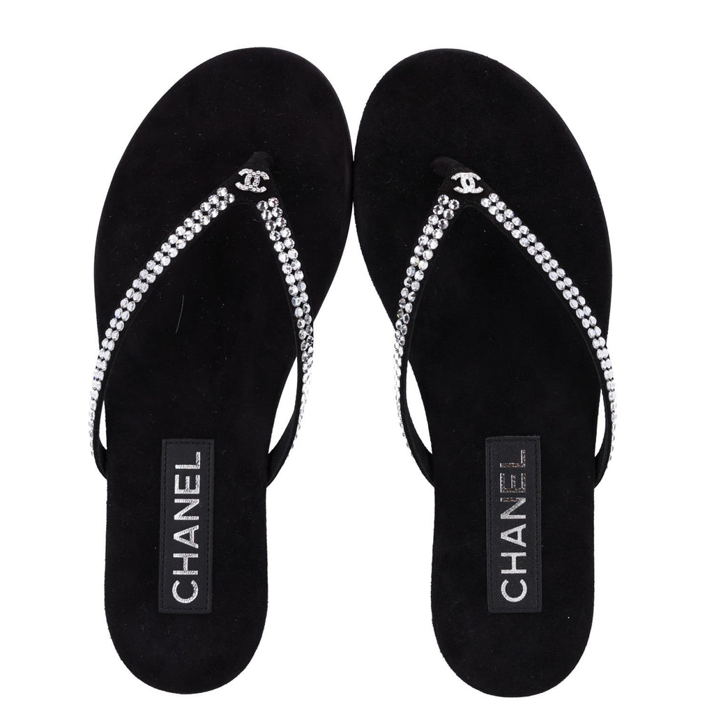 Suede Kidskin Strass CC Thong Sandals 36.5 Black