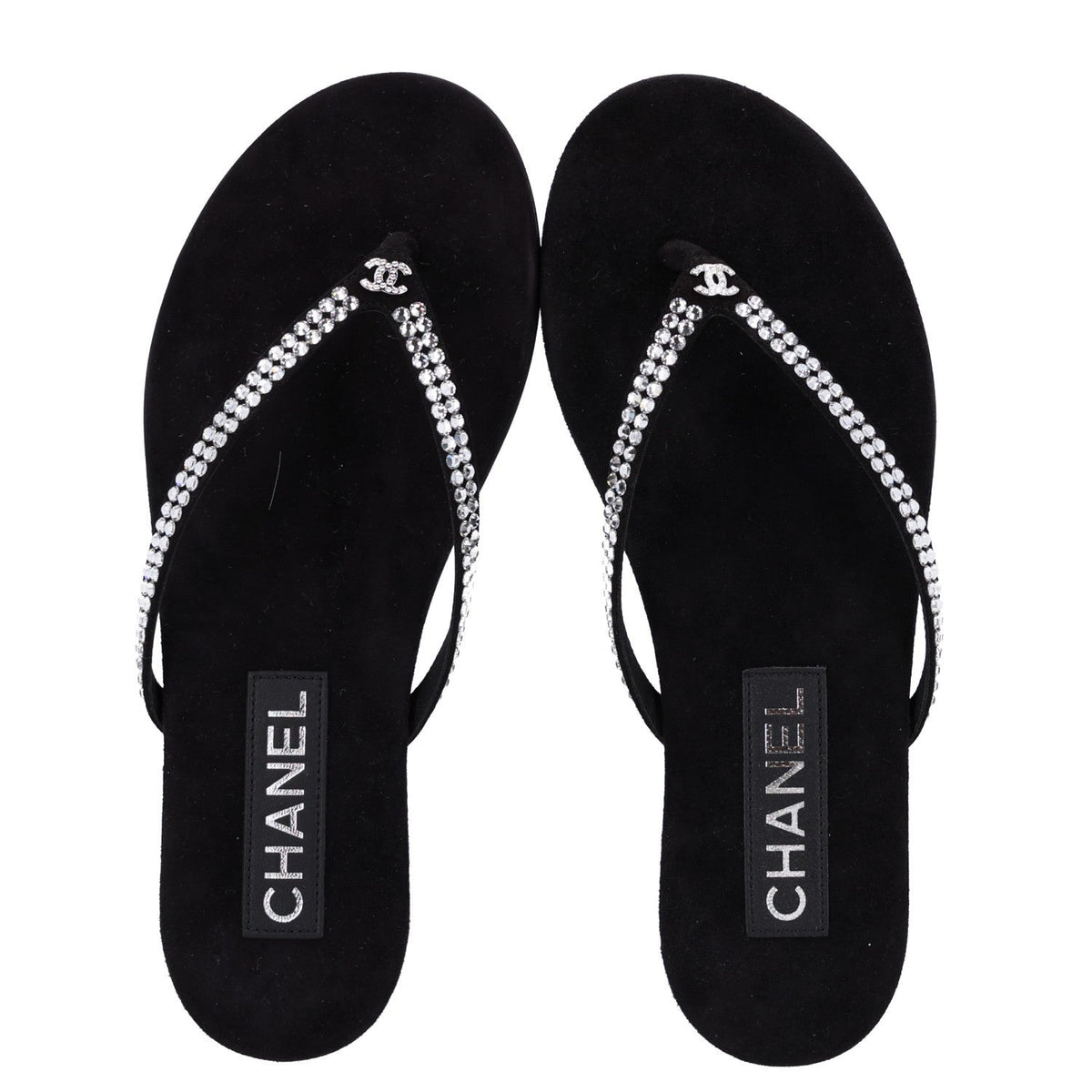 Suede Kidskin Strass CC Thong Sandals 36.5 Black