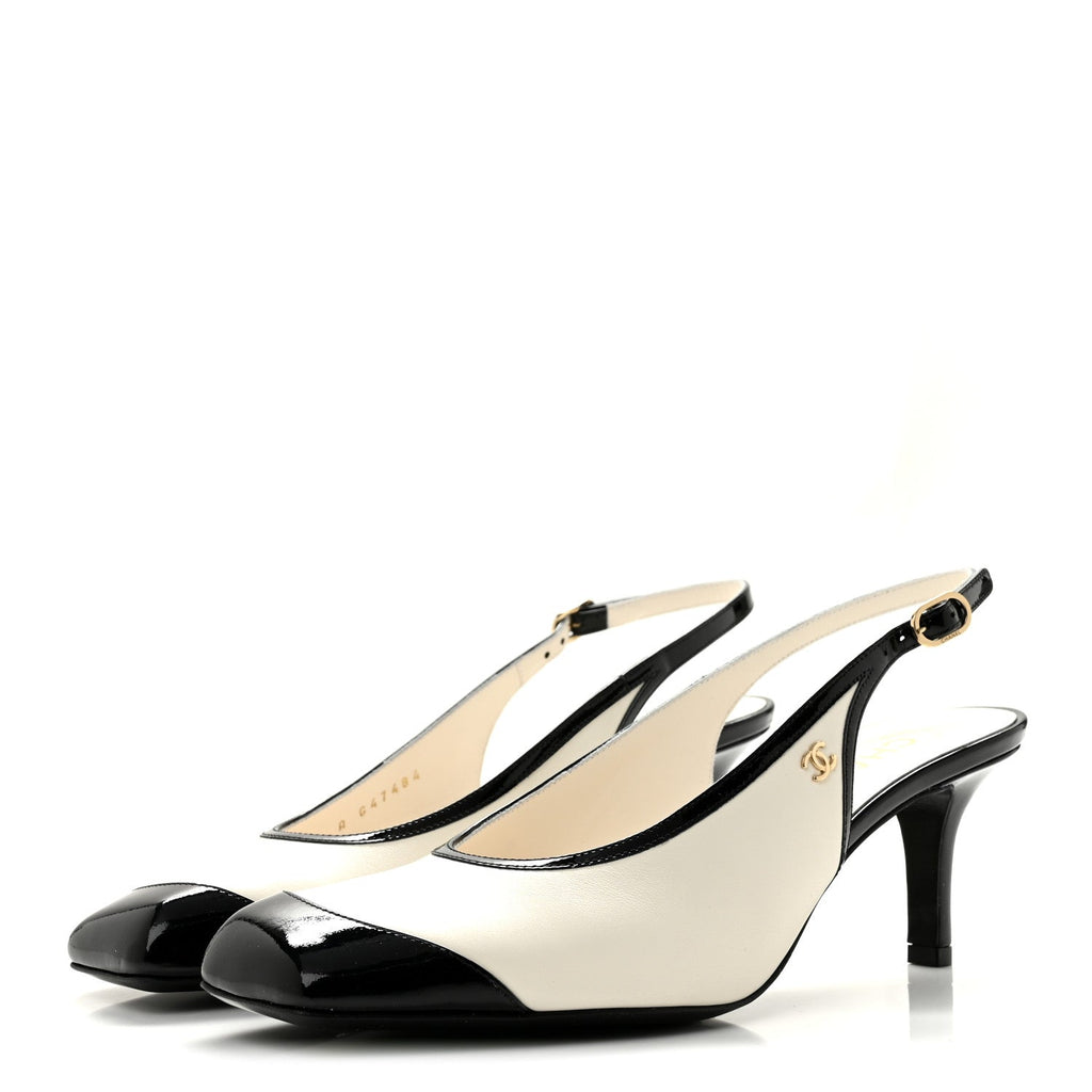 Lambskin Patent Calfskin Cap Toe CC Slingback Pumps 38.5 White Black