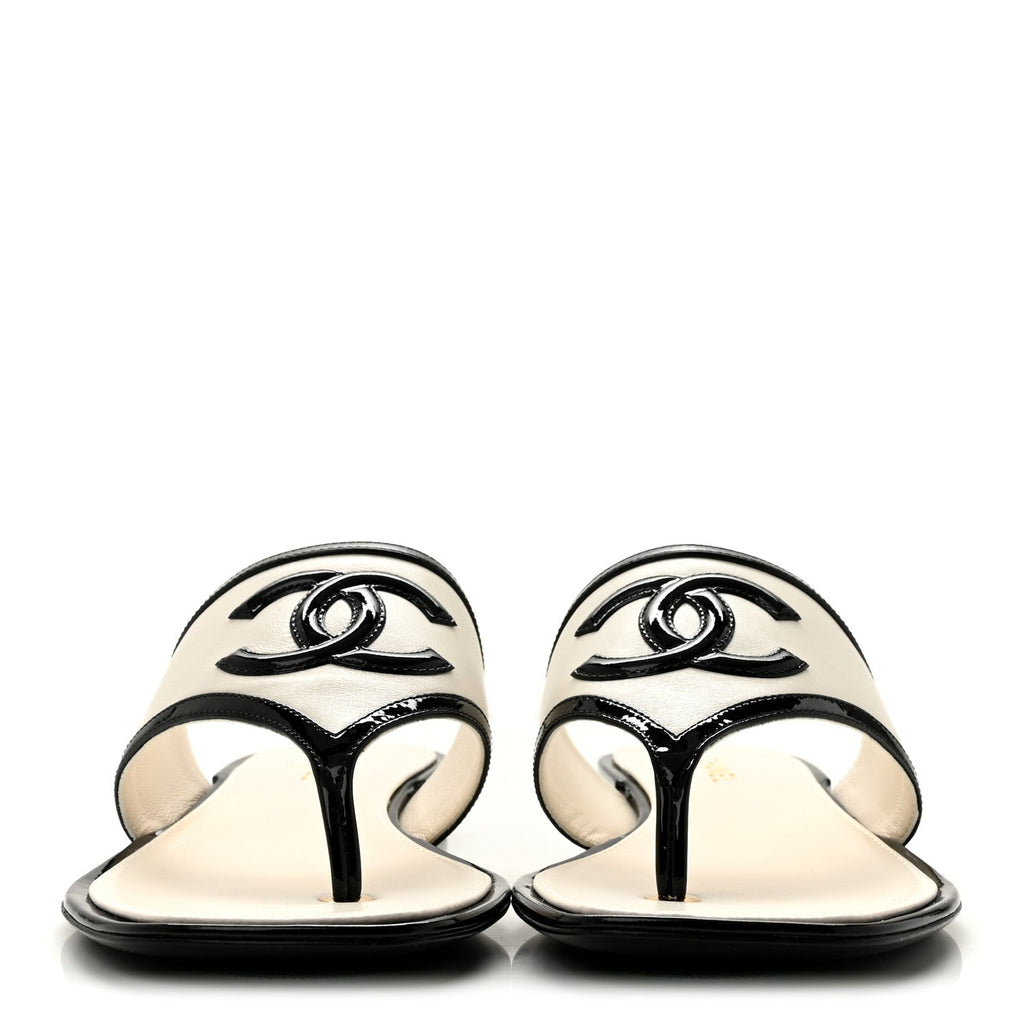 Lambskin Patent Calfskin CC Thong Sandals 39 White Black