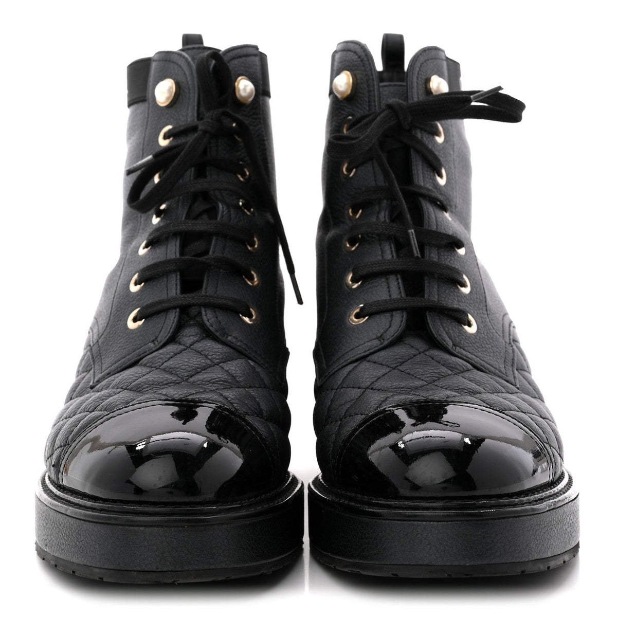 Pearly Calfskin Patent Calfskin Lace Up Combat Boots 40 Black