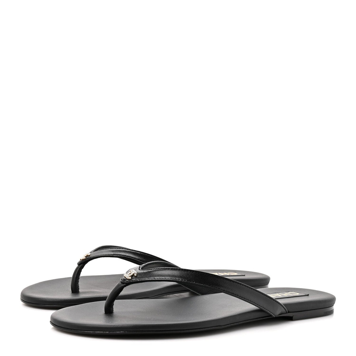 Shiny Lambskin Crystal CC Thong Sandals 39.5 Black