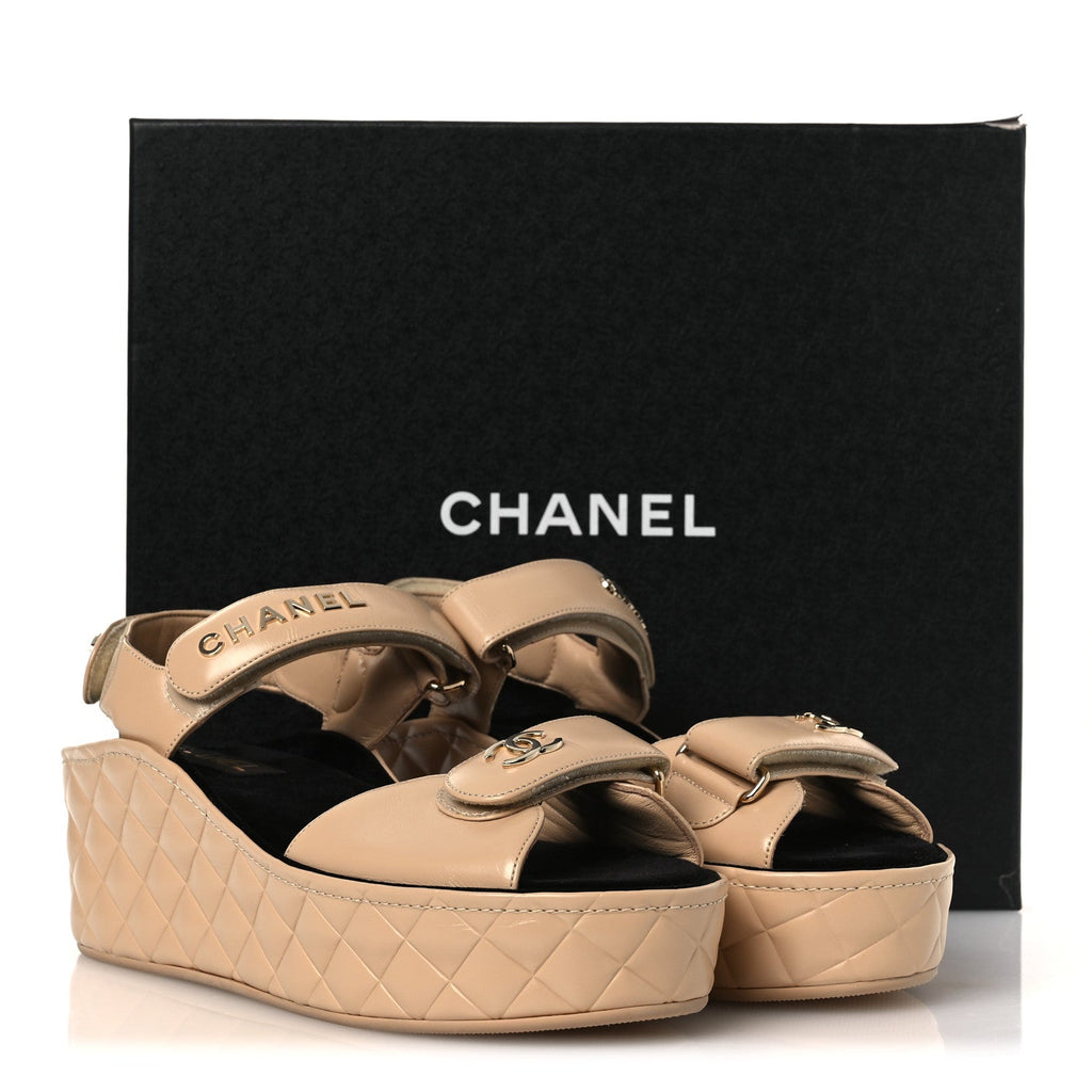 Shiny Calfskin Logo Platform Sandals 40 Beige
