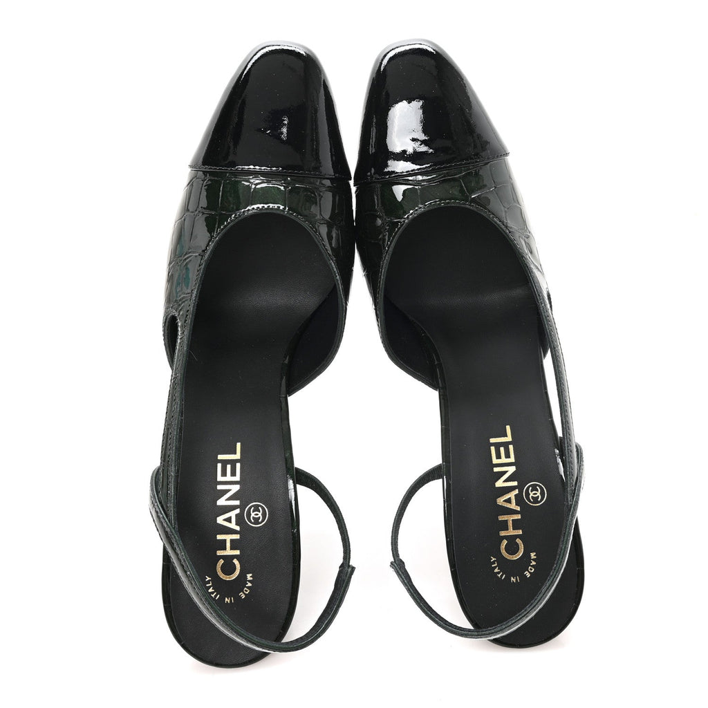 Patent Calfskin Crocodile Embossed Cap Toe CC Slingback 40 Dark Green Black