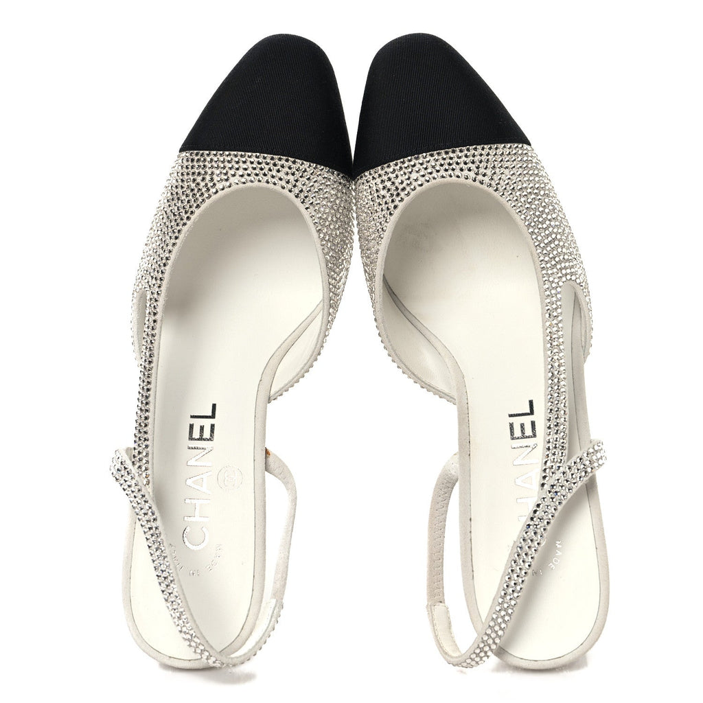Strass Grosgrain Cap Toe CC Slingback Pumps 36 Silver Black