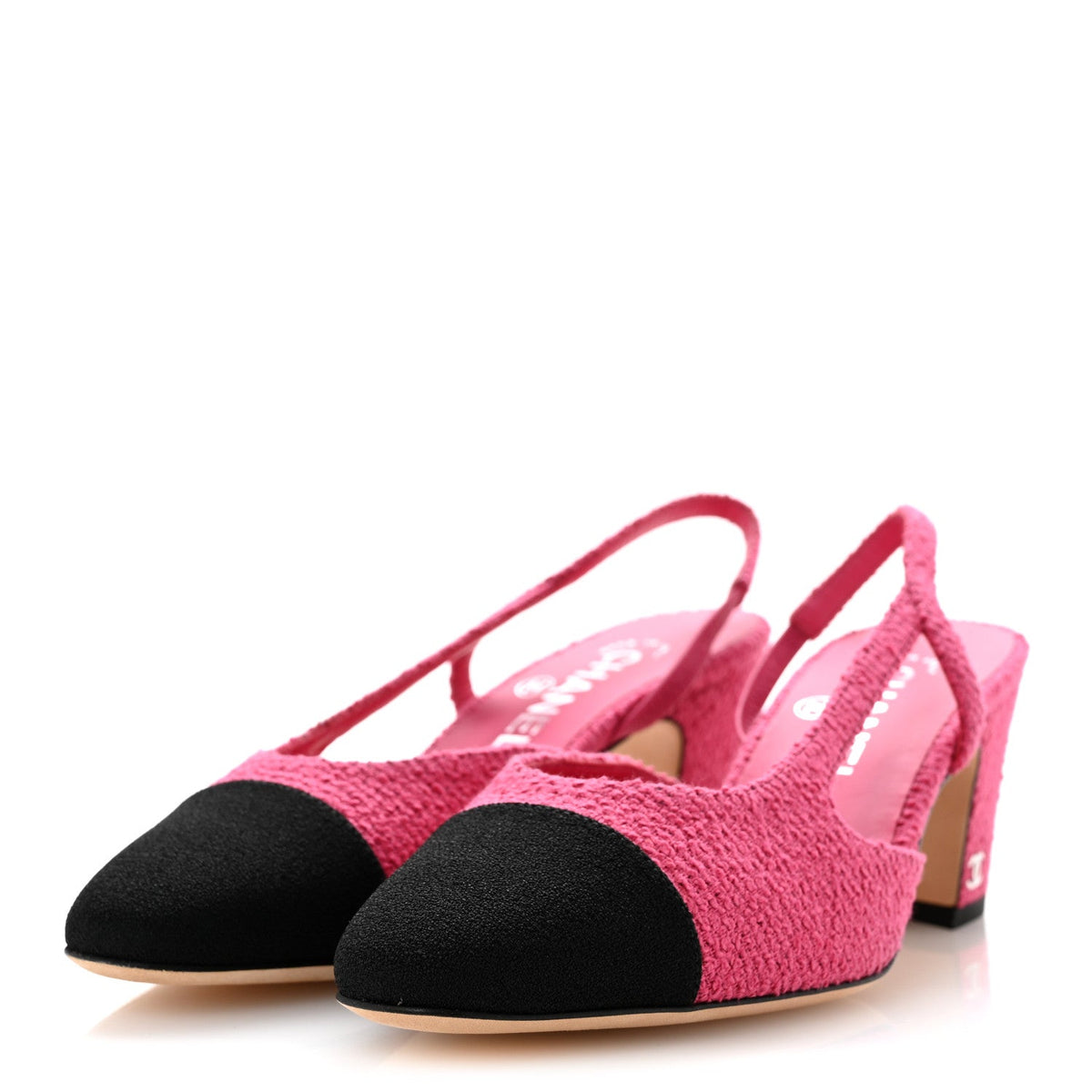 Tweed Grosgrain Cap Toe CC Slingback Pumps 37 Pink Black