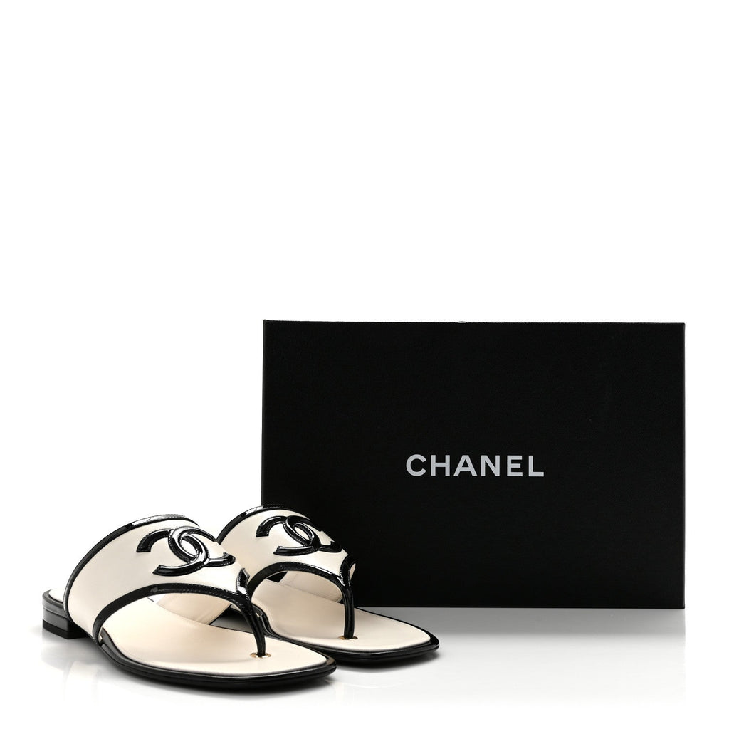 Lambskin Patent Calfskin CC Thong Sandals 38.5 White Black