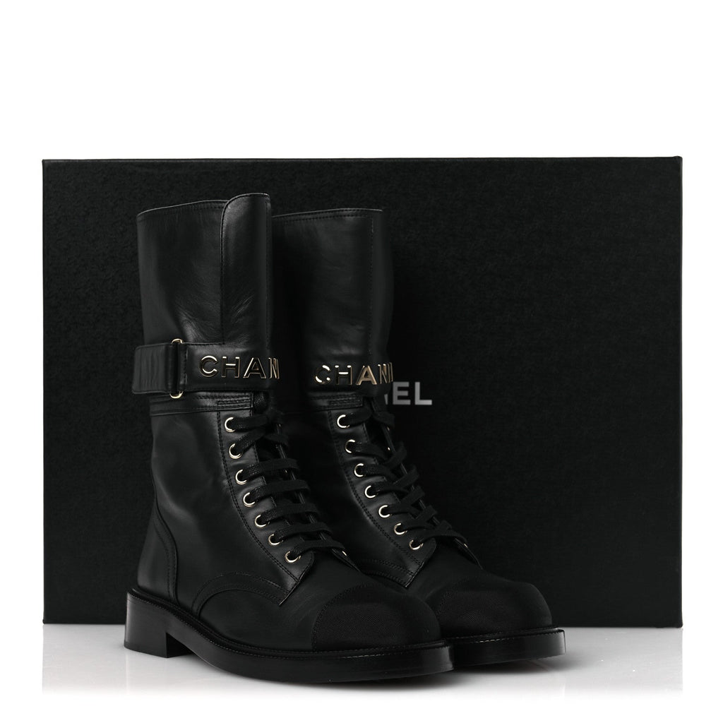 Calfskin Grosgrain Lace Up Combat Boots 38.5 Black