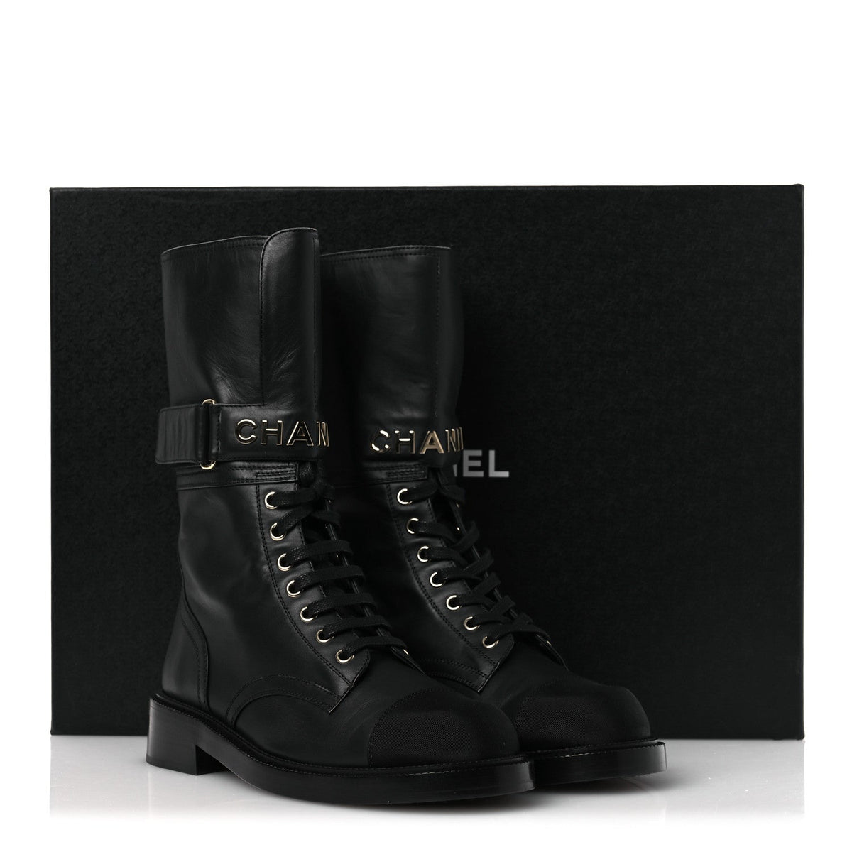 Calfskin Grosgrain Lace Up Combat Boots 38.5 Black