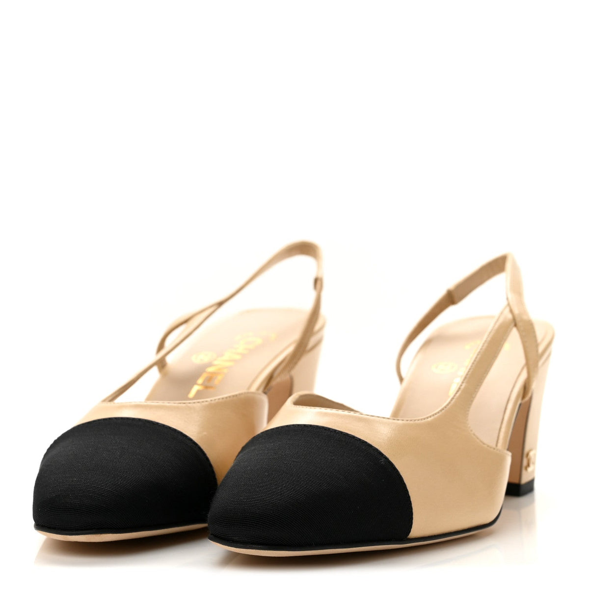 Goatskin Grosgrain Cap Toe CC Slingback Pumps 38 Beige Black
