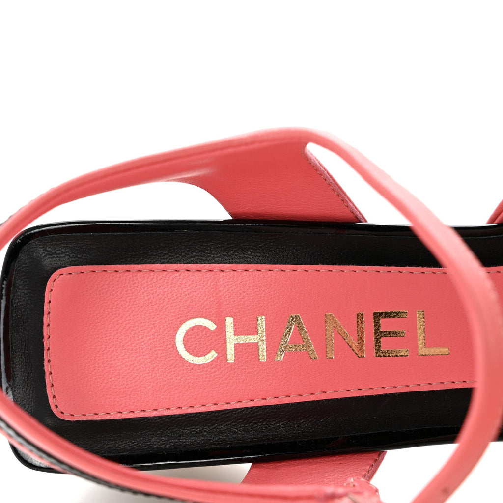 Patent Calfskin CC Ankle Strap Sandals 38 Pink Black