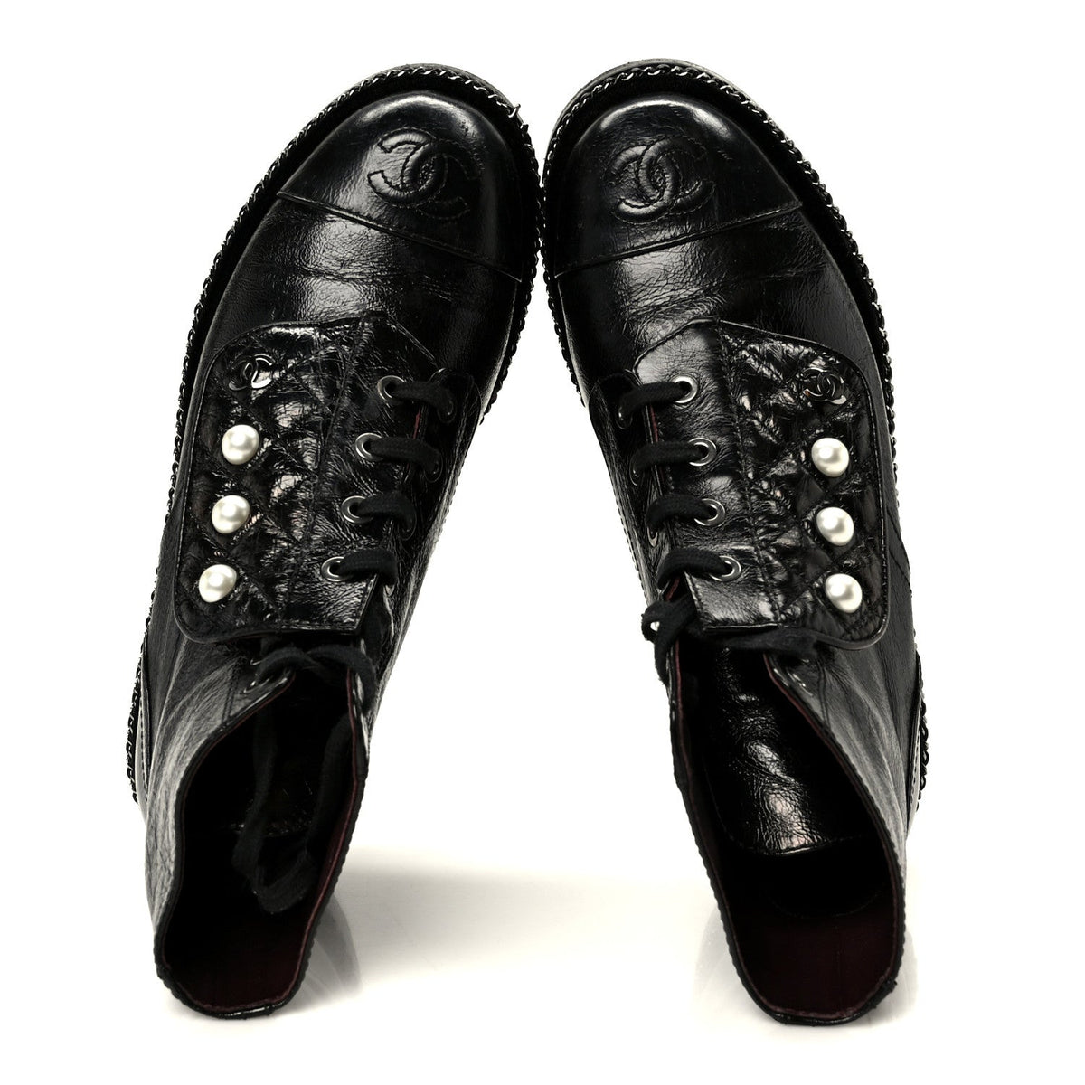 Crackled Calfskin Velvet Pearl Combat Short Boots 36 Black
