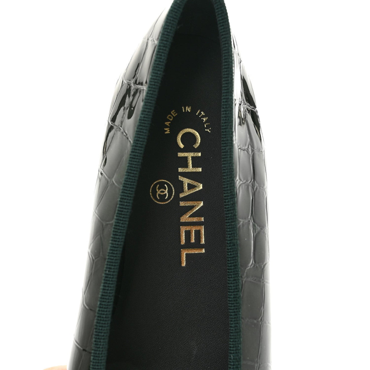 Patent Calfskin Crocodile Embossed Ballerina Flats 38 Dark Green Black