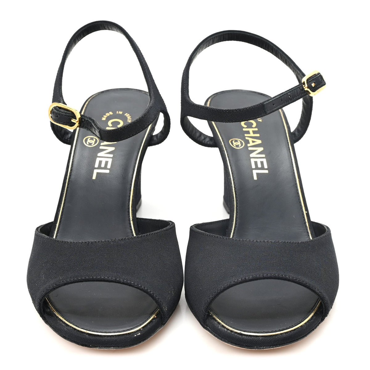 Grosgrain Pearl CC Wedge Sandals 38 Black