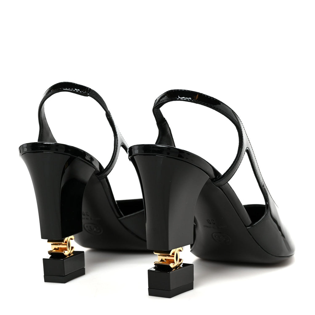 Patent Calfskin Slingback CC Cutout Pumps 38 Black