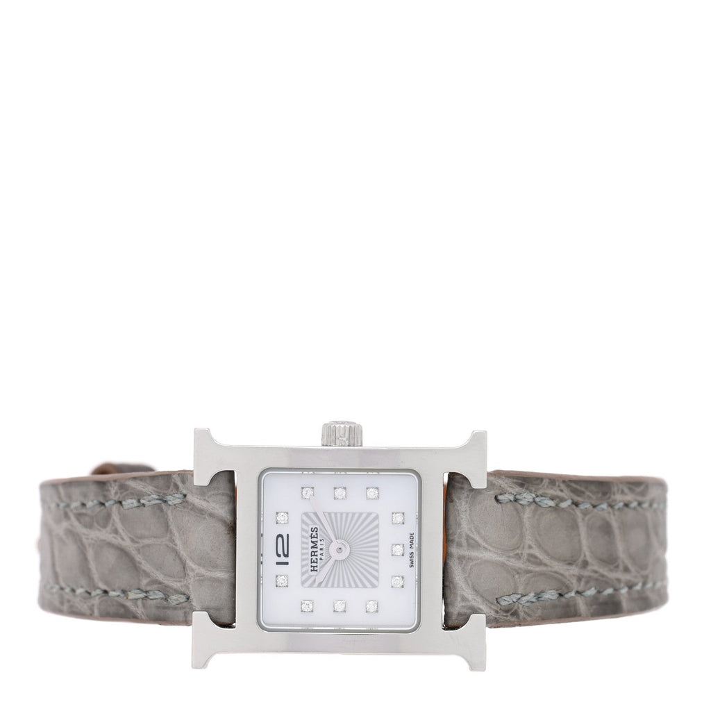 Stainless Steel Alligator Diamond Mother of Pearl 17.2mm Heure H Hour Quartz Watch Gris Perle