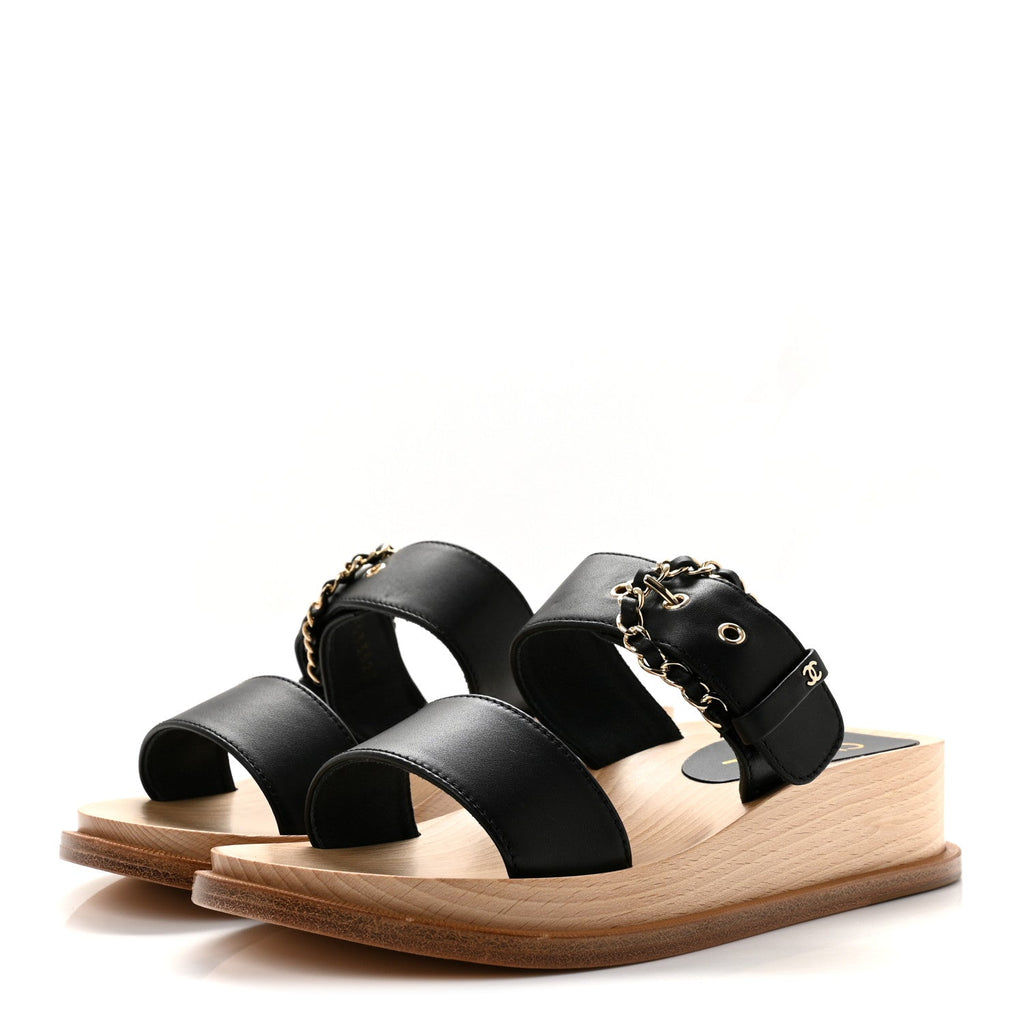 Calfskin Wood Buckle Sandals 36 Black