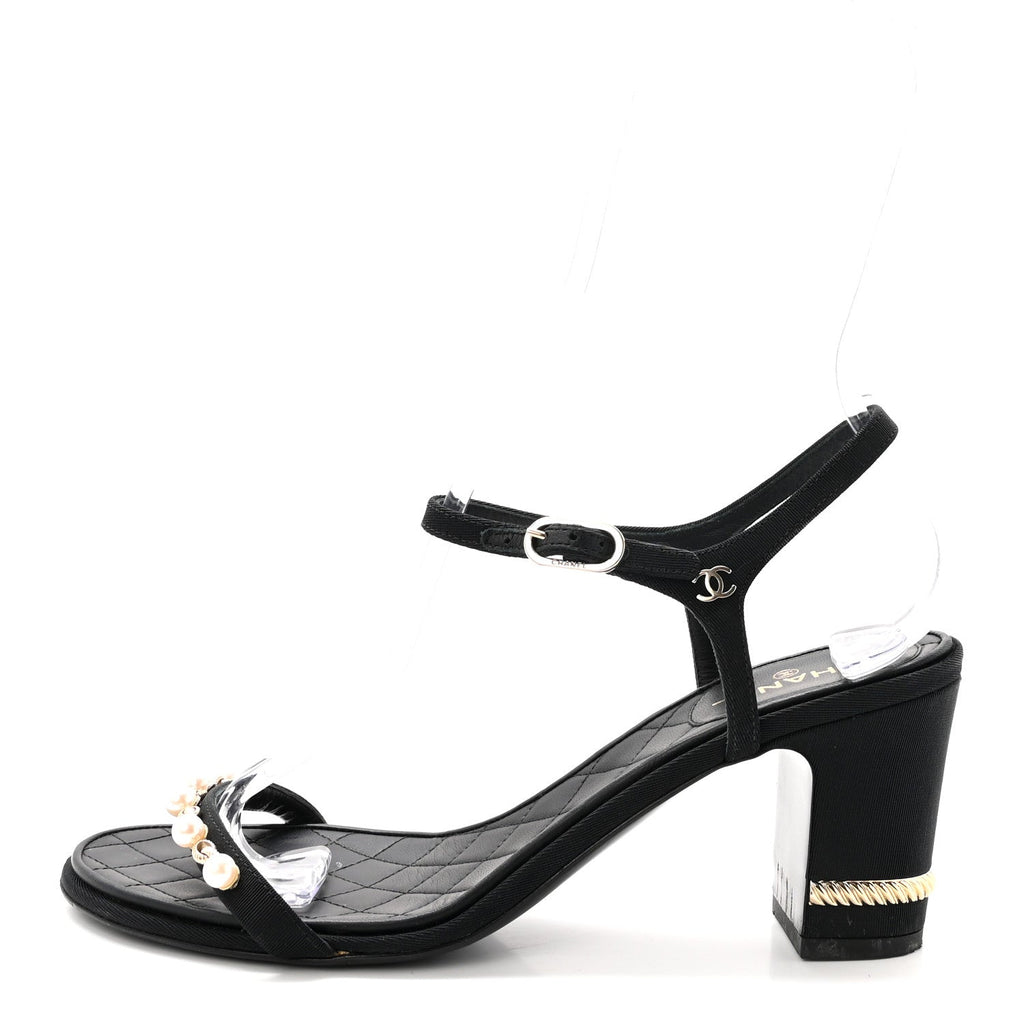 Grosgrain Pearl Chain CC Sandals 37.5 Black