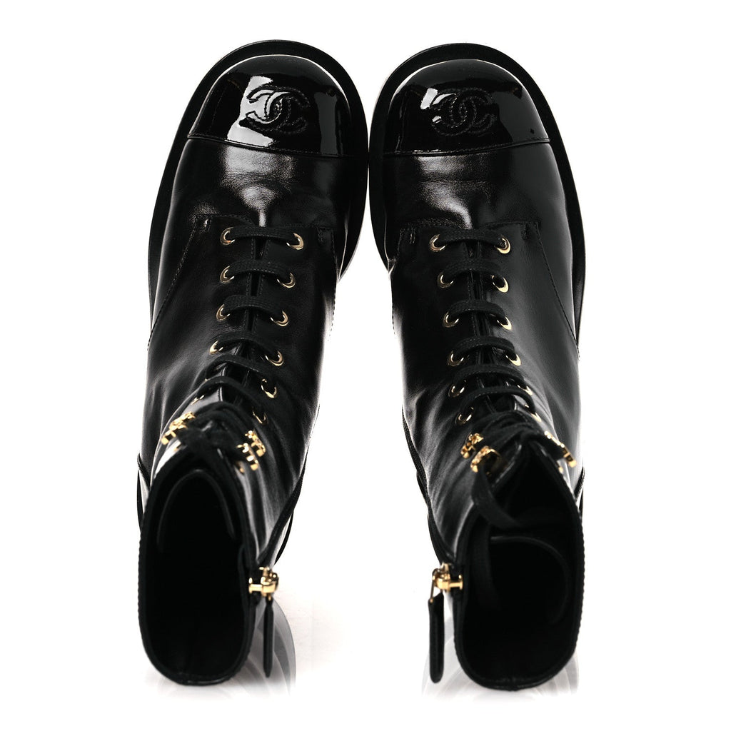 Shiny Calfskin Patent Cap Toe Lace Up Combat Boots 36.5 Black