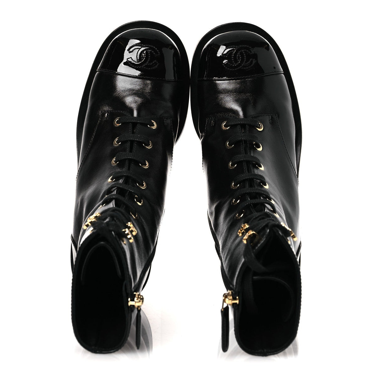 Shiny Calfskin Patent Cap Toe Lace Up Combat Boots 36.5 Black
