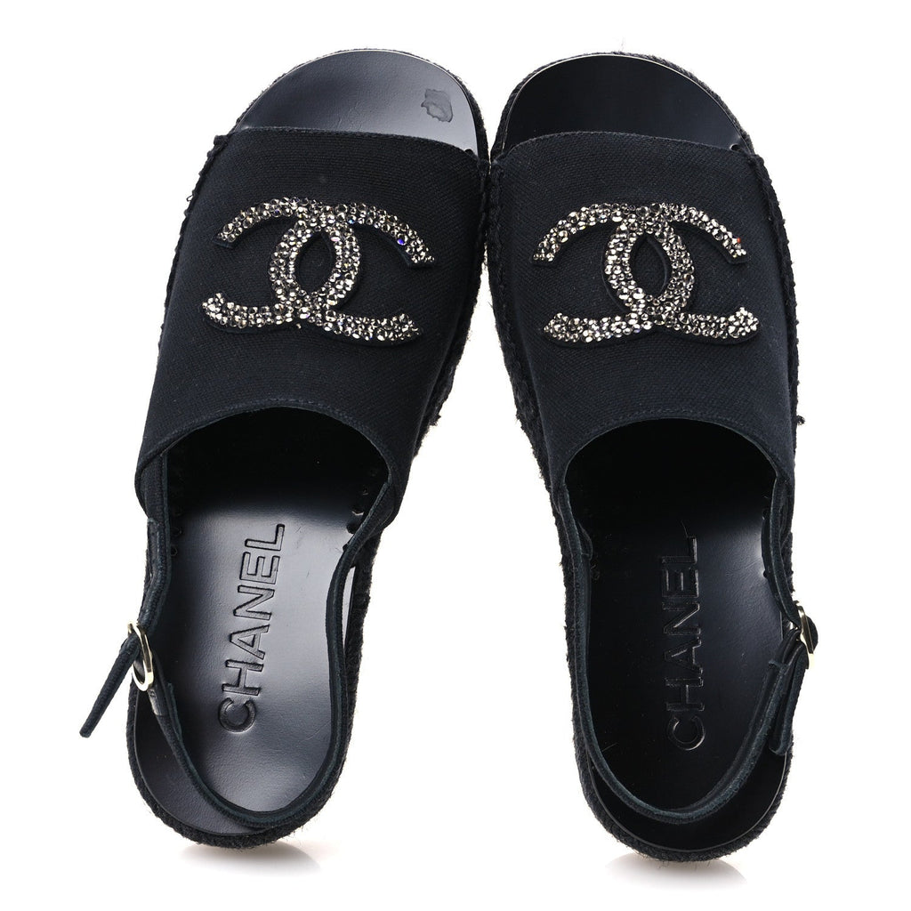 Canvas Strass CC Espadrille Slingback Sandals 38 Black