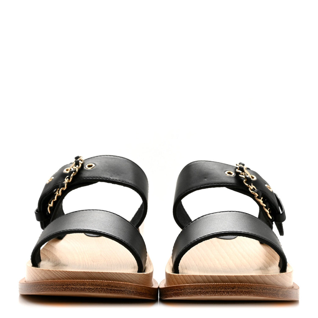 Calfskin Wood Buckle Sandals 36 Black