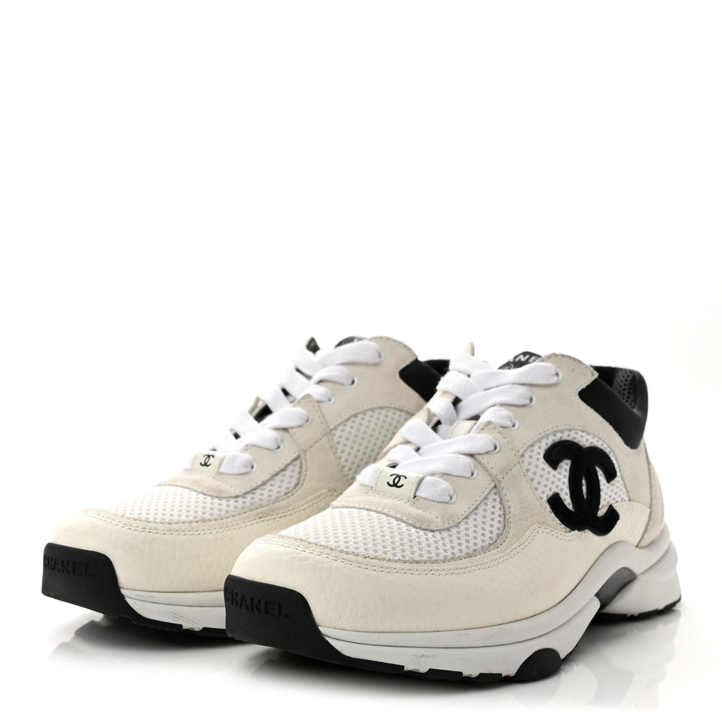 Mesh Suede Grained Calfskin Womens CC Sneakers 39 White Black