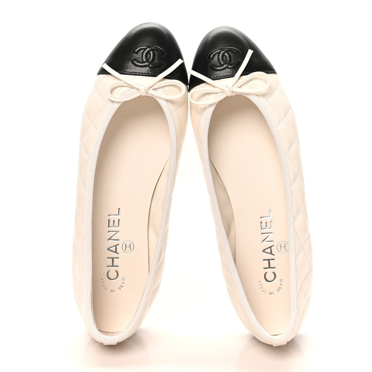 Lambskin Quilted CC Cap Toe Ballerina Flats 37.5 White Black