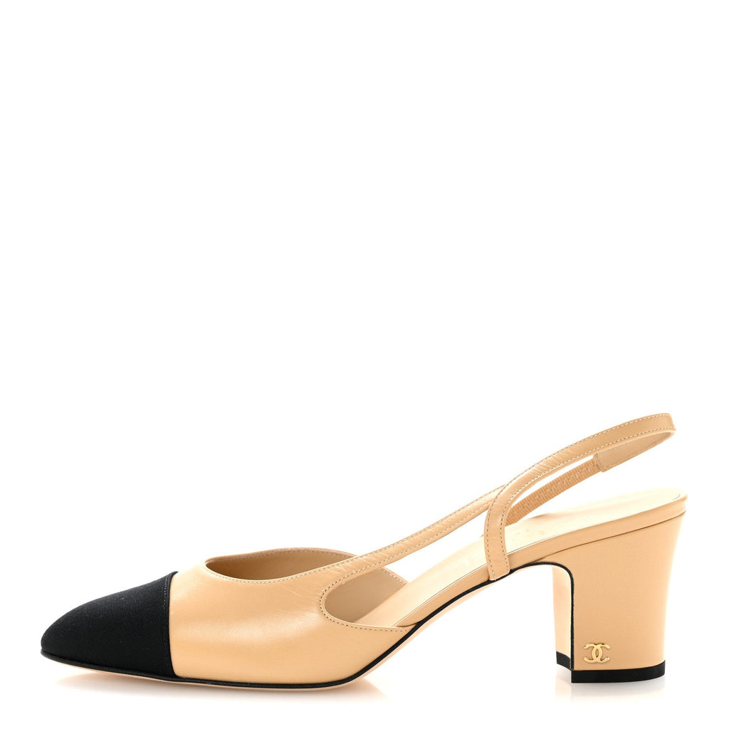 Goatskin Grosgrain Cap Toe CC Slingback Pumps 41 Beige Black