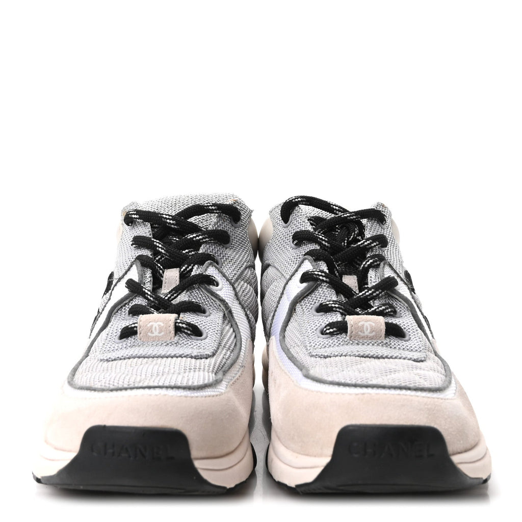 Mesh Suede Calfskin Grained Calfskin Womens CC Sneakers 37.5 Grey White