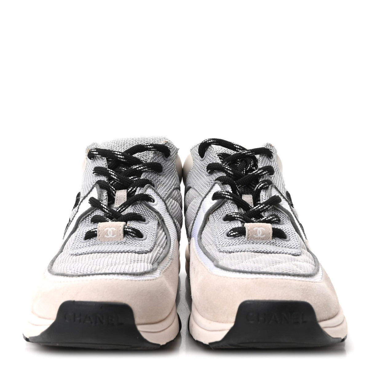 Mesh Suede Calfskin Grained Calfskin Womens CC Sneakers 37.5 Grey White