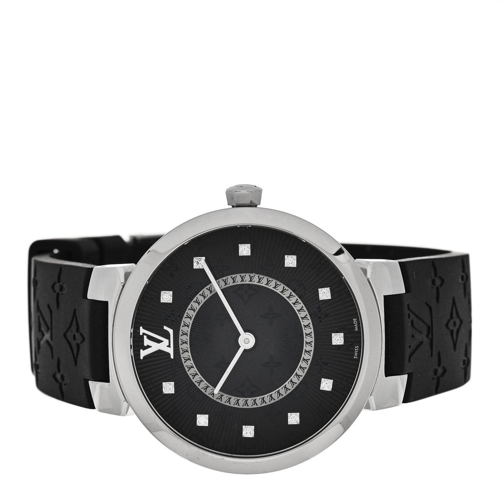 Stainless Steel Rubber Diamond 33mm Tambour Slim Quartz Watch Black