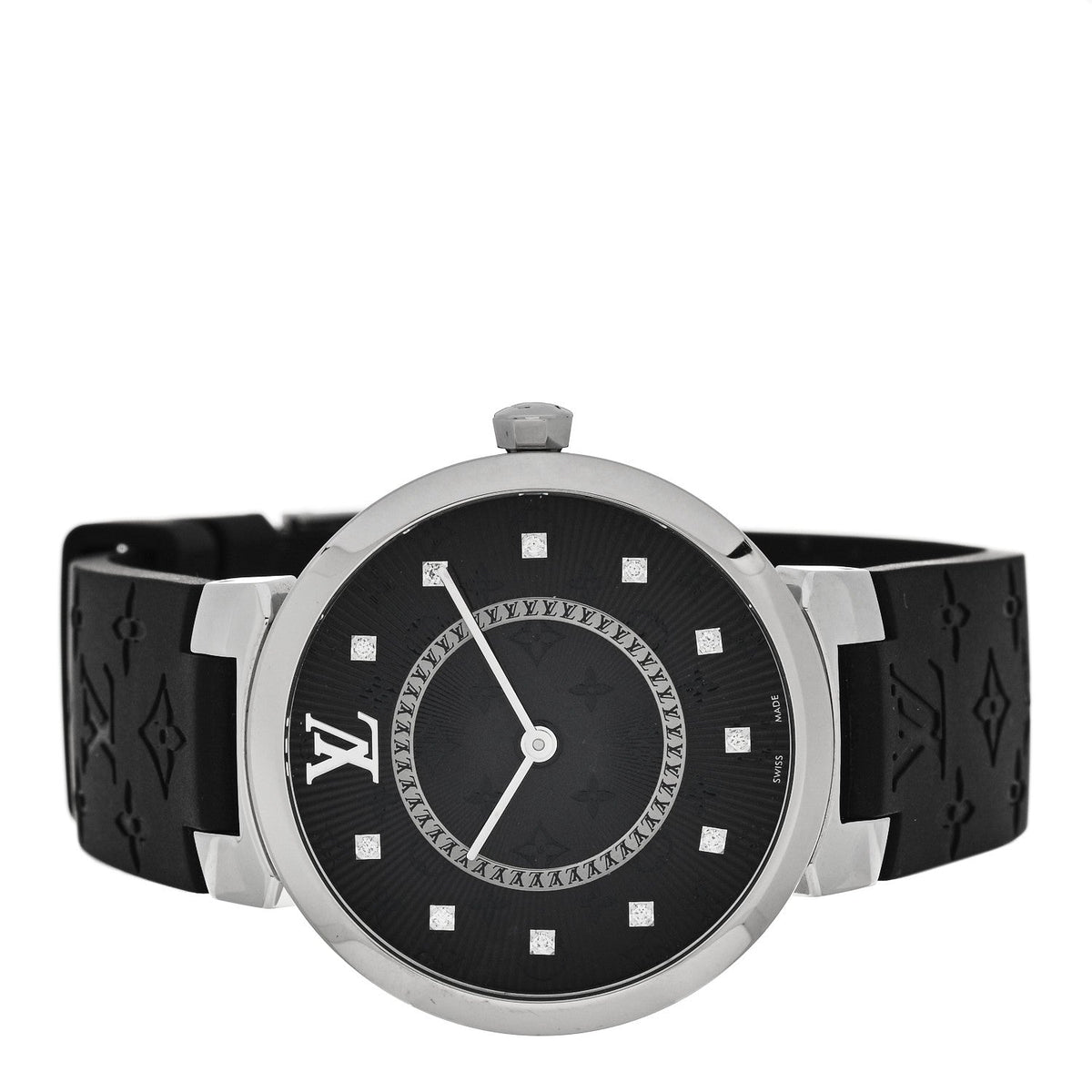 Stainless Steel Rubber Diamond 33mm Tambour Slim Quartz Watch Black