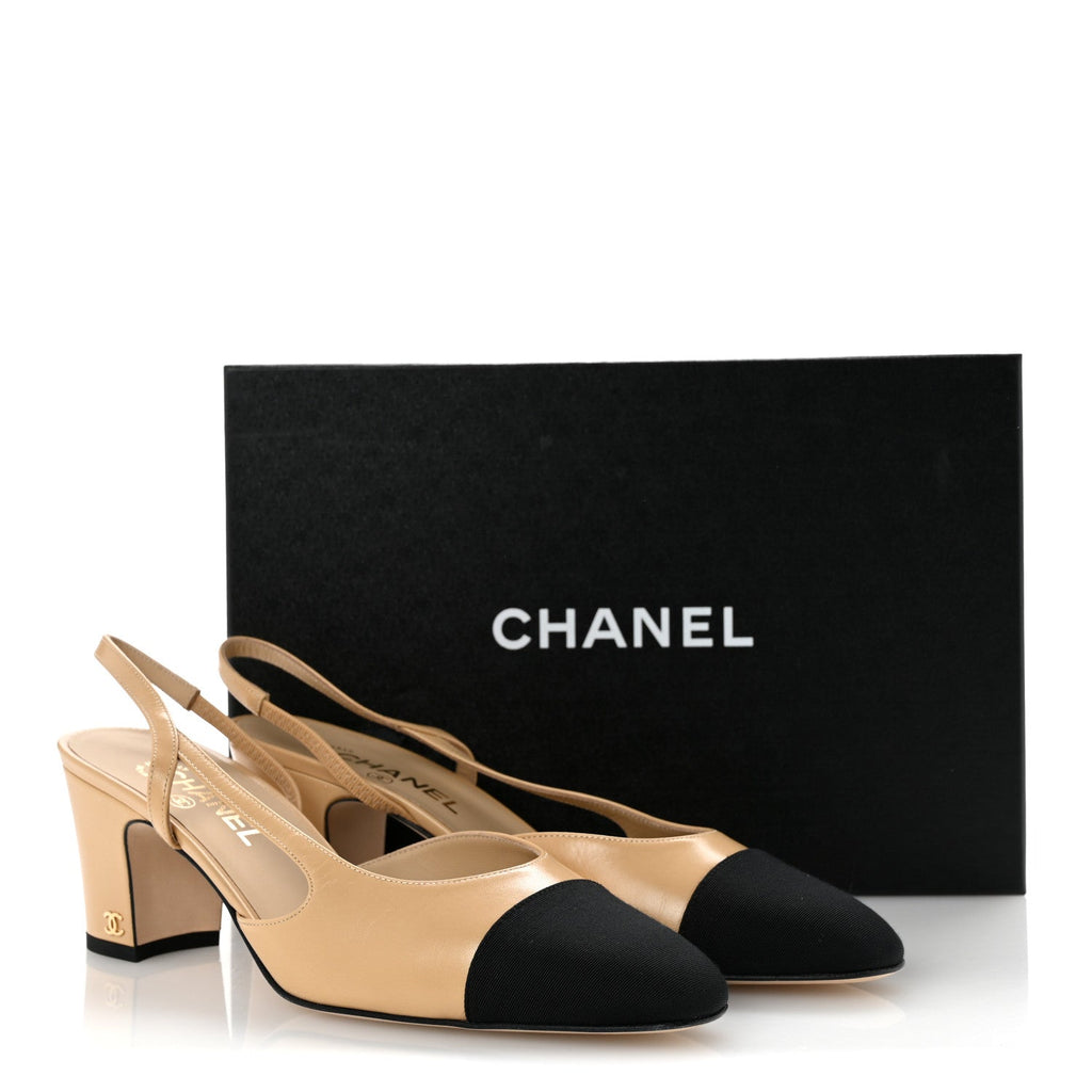Goatskin Grosgrain Cap Toe CC Slingback Pumps 41 Beige Black