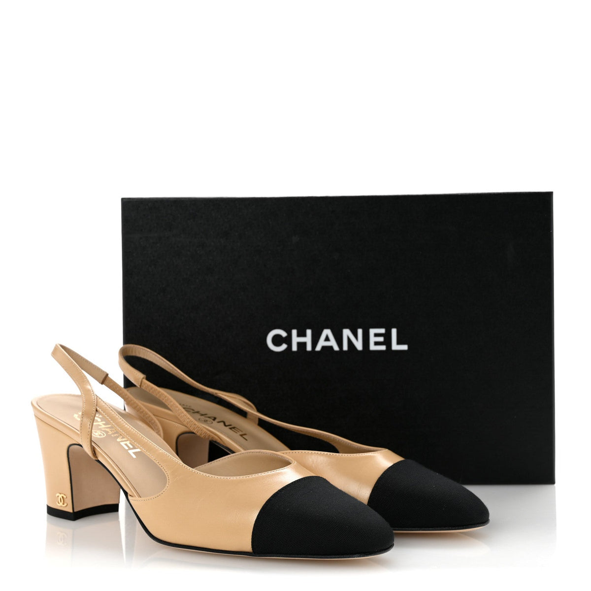 Goatskin Grosgrain Cap Toe CC Slingback Pumps 41 Beige Black