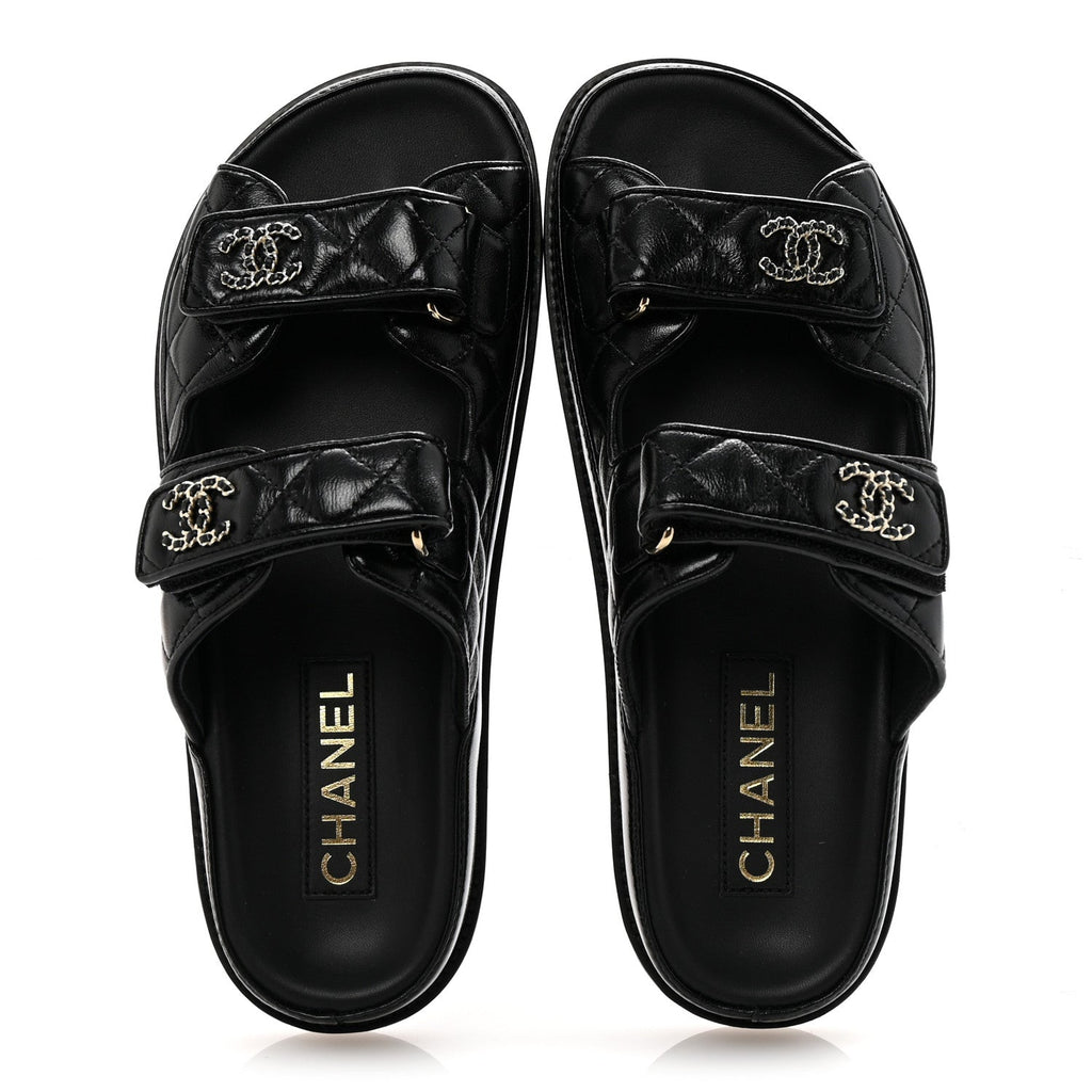 Lambskin Quilted Velcro Dad Chain CC Slide Sandals 38 Black