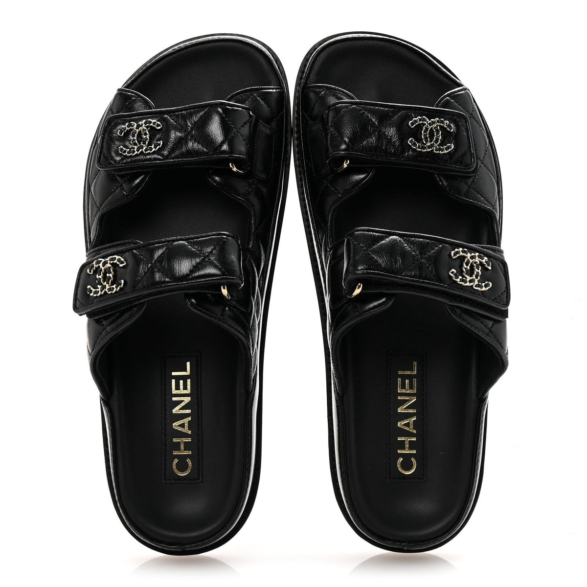 Lambskin Quilted Velcro Dad Chain CC Slide Sandals 38 Black