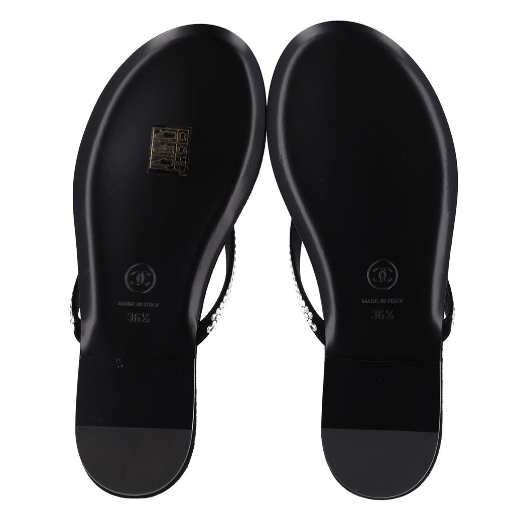 Suede Kidskin Strass CC Thong Sandals 36.5 Black