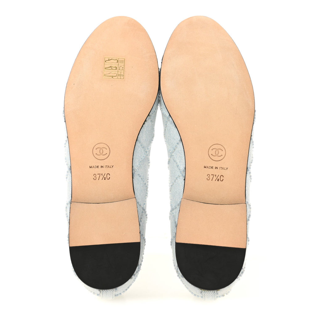 Denim Embroidered Grosgrain CC Cap Toe Ballerina Flats 37.5 Light Blue Black