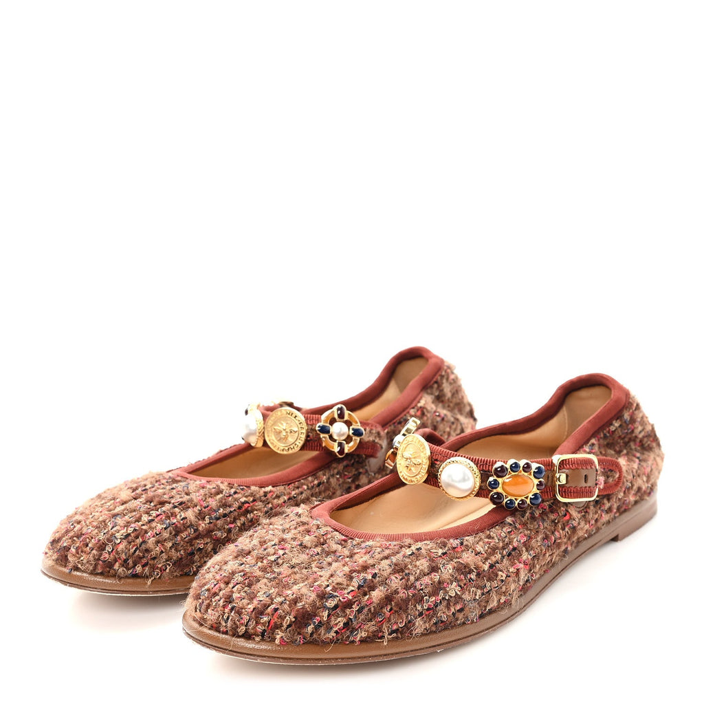 Wool Tweed Mary Jane Flats 37.5 Brown Red Dark Blue