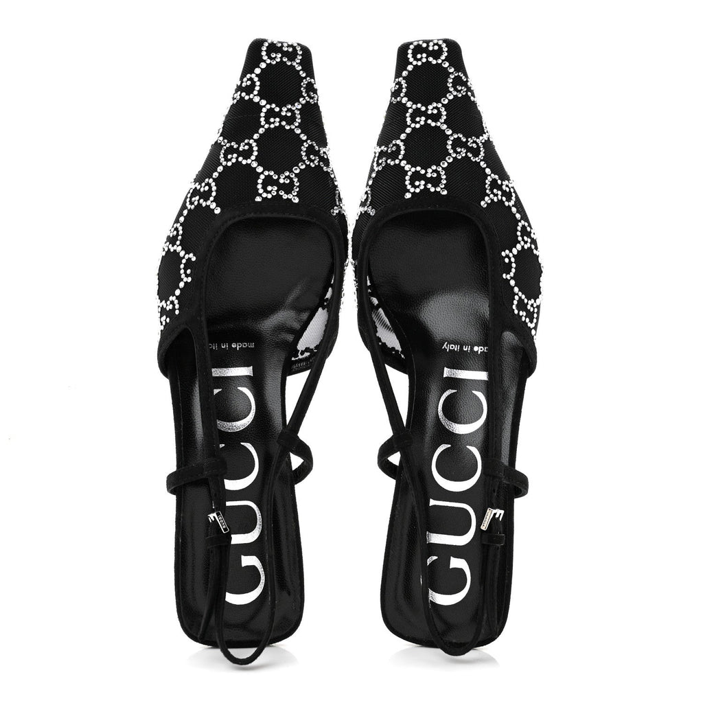 Tela Retino Kid Scamosciato Crystal GG Monogram Square G 35mm Slingback Pumps 36.5 Black