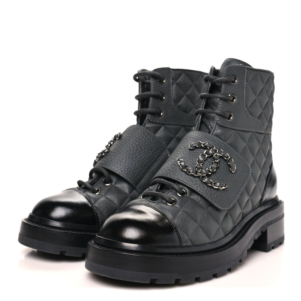 Calfskin Shiny Calfskin Quilted Lace Up Combat Boots 36 Dark Grey Black