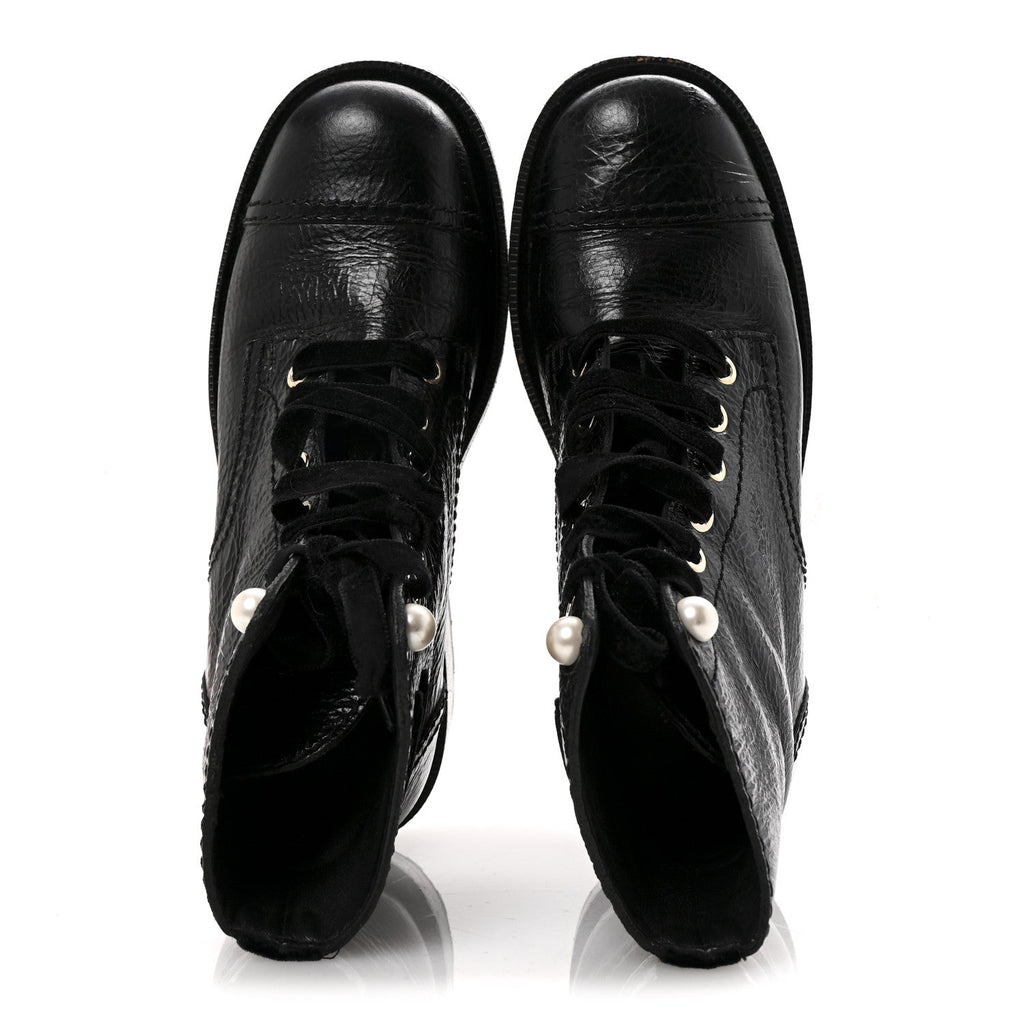 Shiny Calfskin Velvet Pearl Combat Short Boots 36 Black
