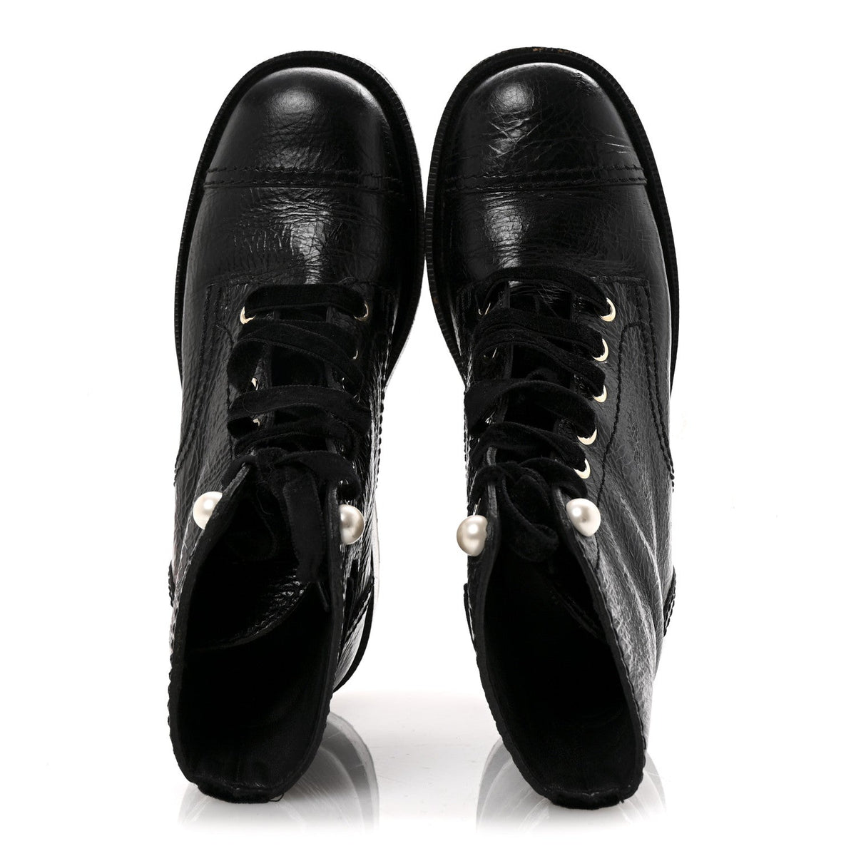 Shiny Calfskin Velvet Pearl Combat Short Boots 36 Black