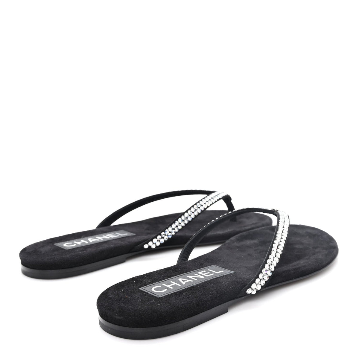 Suede Kidskin Strass CC Thong Sandals 36 Black
